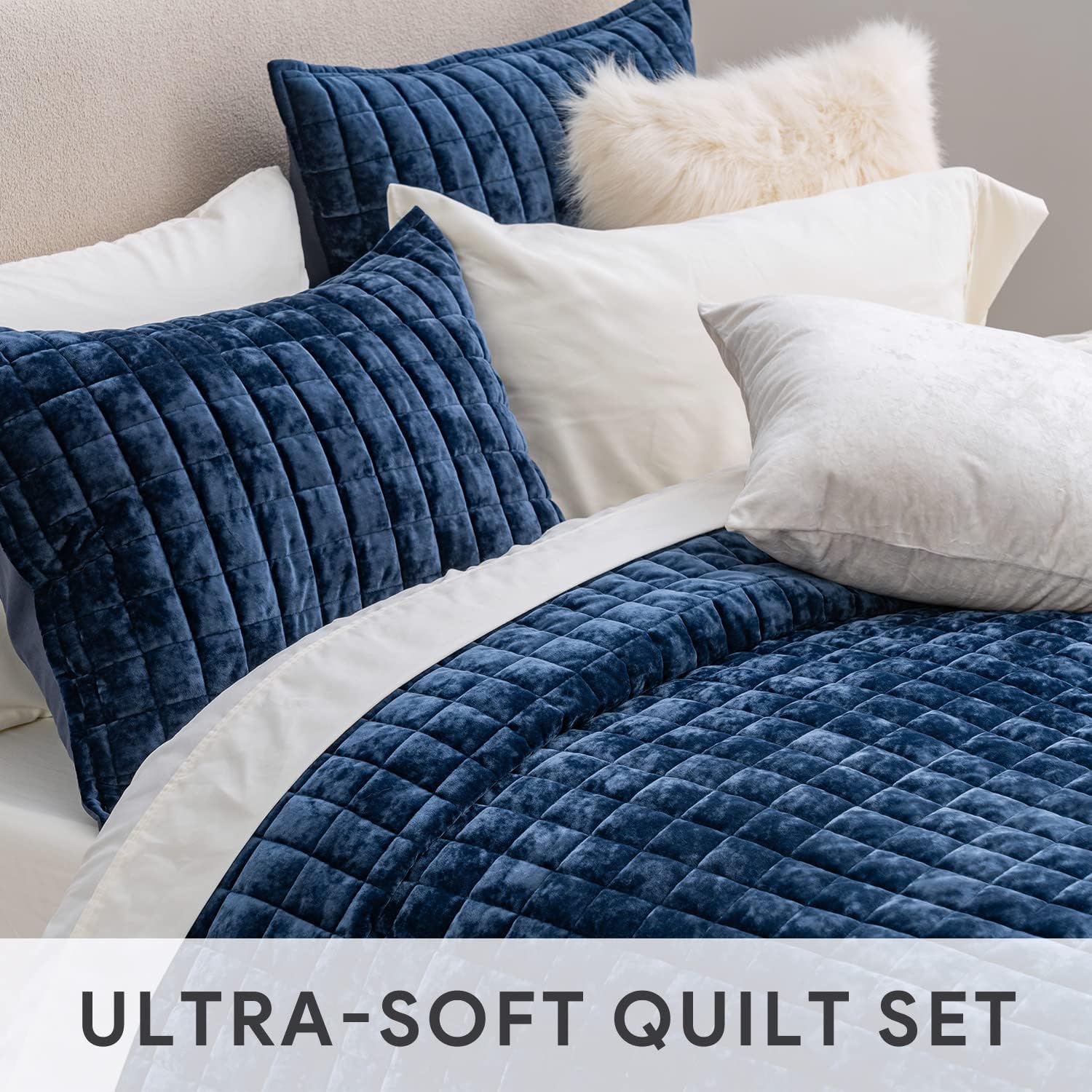 RECYCO Luxury Velvet Quilt Set King Size, Lightweight Velvet Comforter Set, Oversized Bedspread Coverlet Quilted Bedding Set, with 2 Matching Pillow Shams, for All Season, Navy Blue